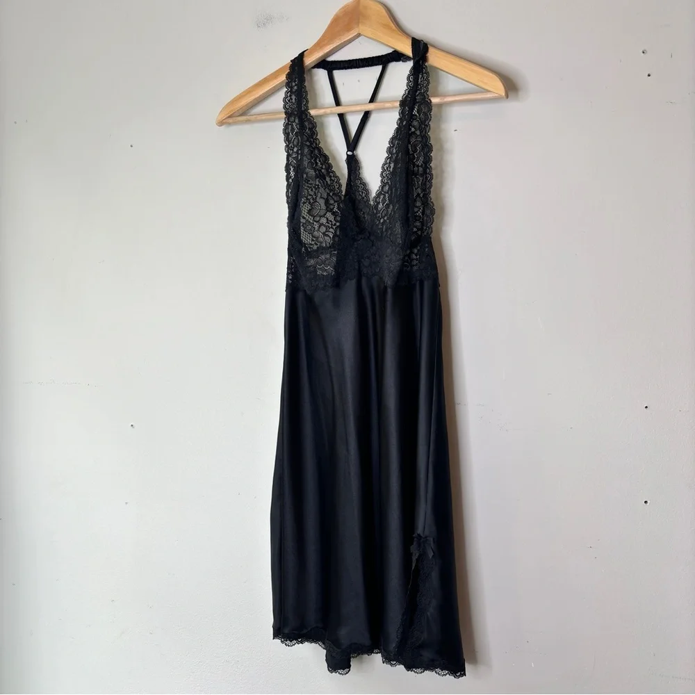 Vicoria's Secret Black Satin Lace Slip Dress Babydoll Lingerie Nightgown Size M - Picture 2 of 11